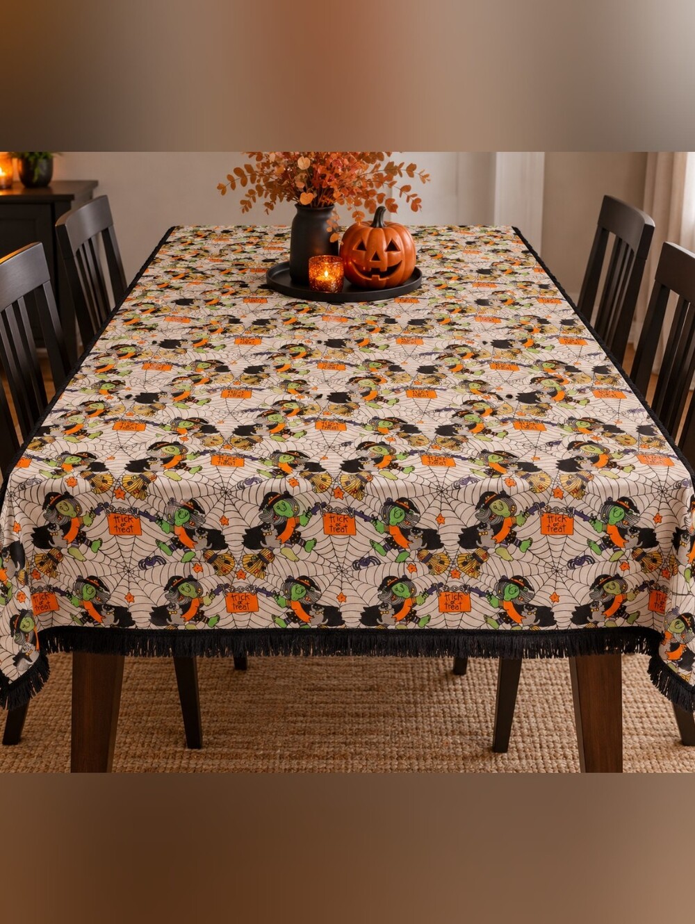 Vintage Halloween Witch & Black Cat Trick or Treat Tablecloth 54" x 70" Black Fr